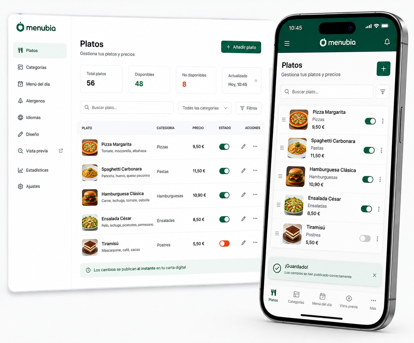 Gestión de carta digital Menubia